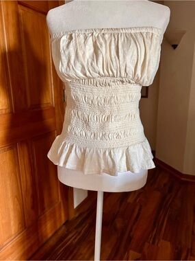 Free People Cream Strapless Smocked Peplum Tube Top